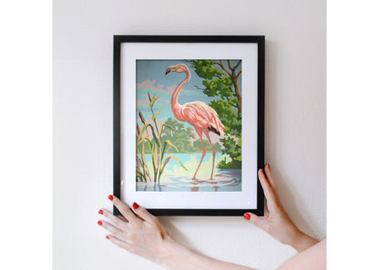 Vintage PAINT by NUMBER Kit Adult , Pink Flamingo Bird, DIY Vintage 1960s Style Paint Kit ,  Beginner Acrylic Canvas Painting Kit