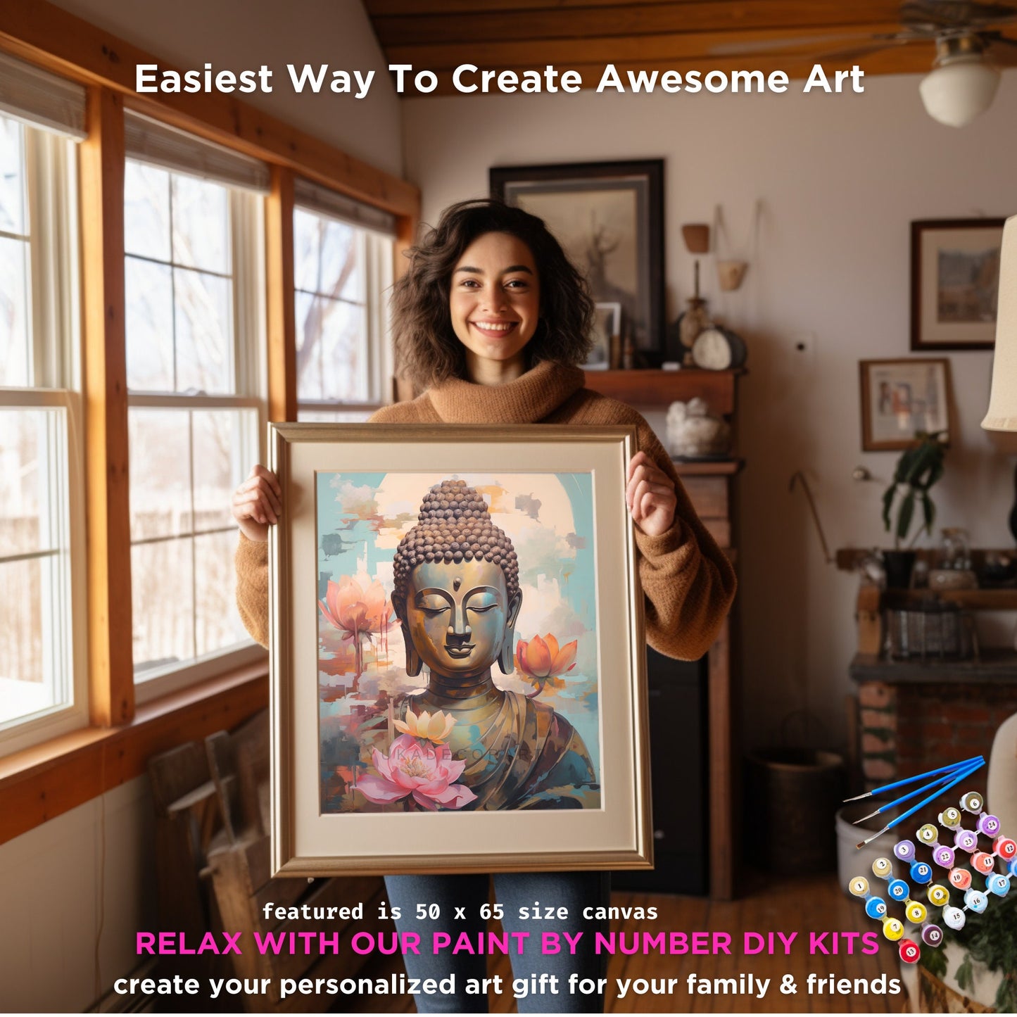 PAINT by NUMBERS Kit For Adults Buddha Pink Lotus Flower DIY Vibrant Acrylic Paint Kit Zen Meditation Zen Studio Wall Art Gift Housewarming