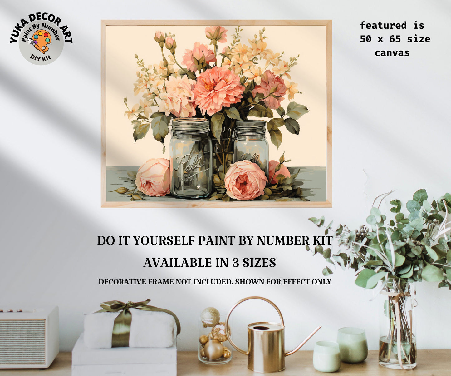 Pink Flowers PAINT by NUMBER Kit Adult, Floral Art Illustration ,Country home decor ,Beginner Acrylic Painting DIY Kit ,Gift for Mothers Day