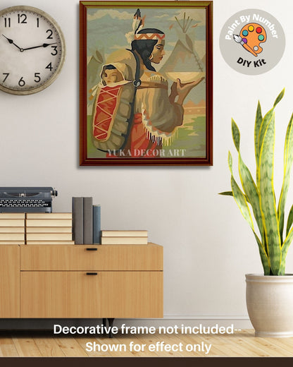 Vintage Style PAINT by NUMBER  Kit for Adult , Native American Mother Child  Painting , Easy Acrylic Paint Kit,Wall Art Gift