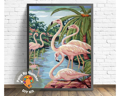 Vintage PAINT by NUMBER Kit Adult , Pink Flamingo Birds, DIY Vintage 1960s Style Paint Kit ,  Beginner Acrylic Canvas Painting Kit