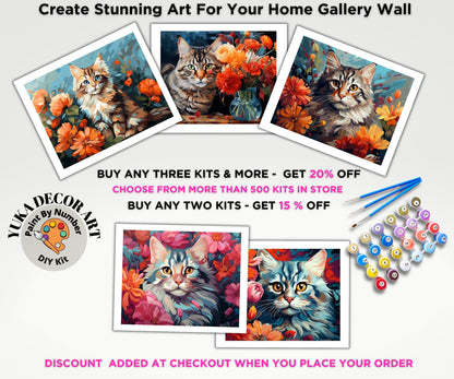 Cute Cat PAINT by NUMBER Kit Adult DIY Pet Portrait Vibrant Flowers Easy Beginner Acrylic Painting Birthday Custom Gift For Teenagers Kids