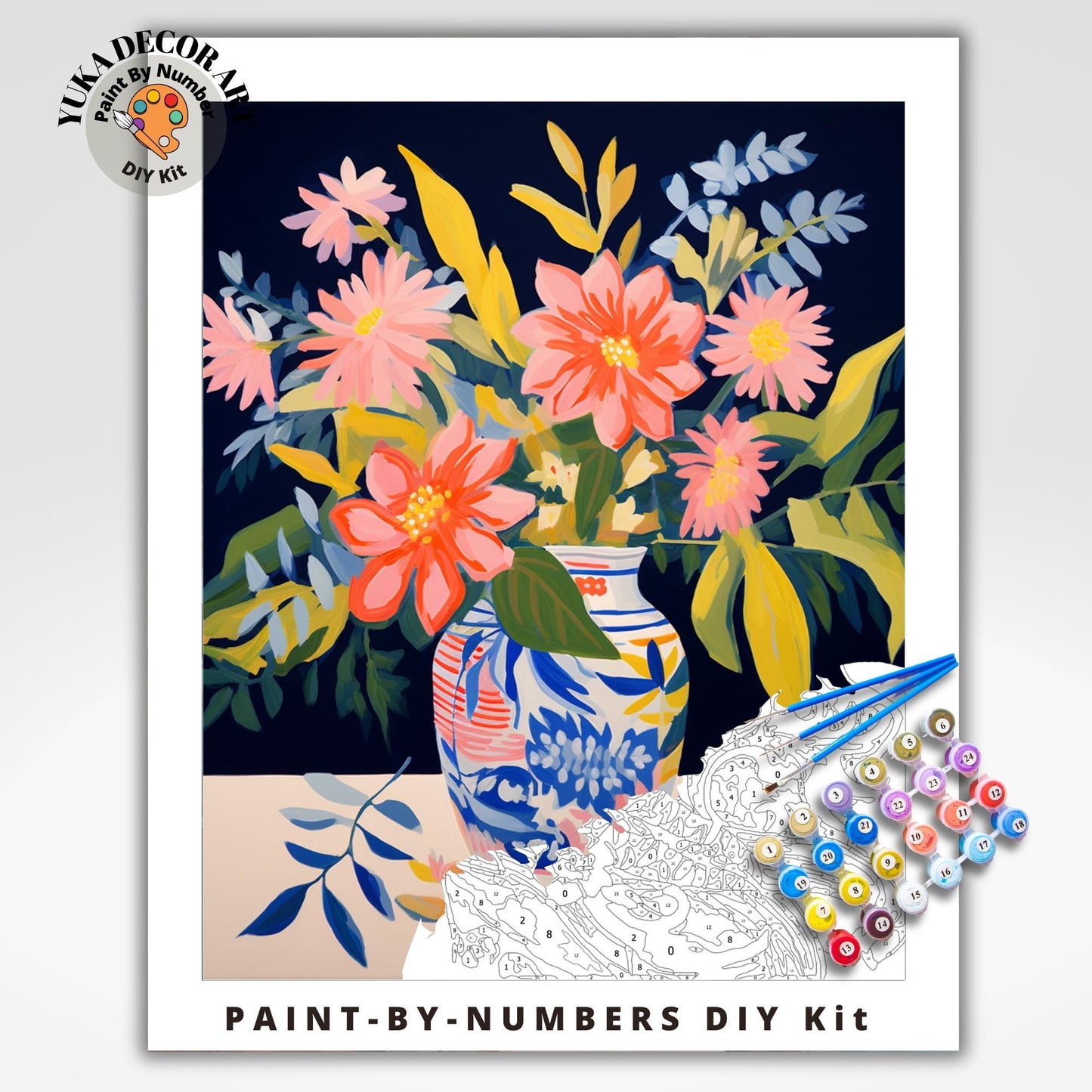Rustic Floral PAINT by NUMBER Kit Adult DIY by Numbers Easy Beginners Painting Flower Bouquet Vase | Holiday Gift For Mom Aunt Girlfriend