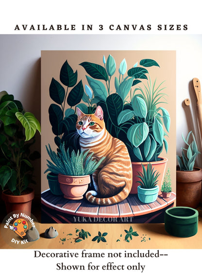 PAINT by NUMBER Adult Kit ,Golden Cat With House Plants ,Cat Illustration Poster, DIY Beginners Paint Kit ,Wall Decor ,Mom Grandmom Gift