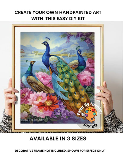 Peacock Bird PAINT by NUMBER Kit for Adults ,Nature Pink Flowers ,Easy DIY Beginners Acrylic Paint Kit ,Living Bedroom  Gift for Mom