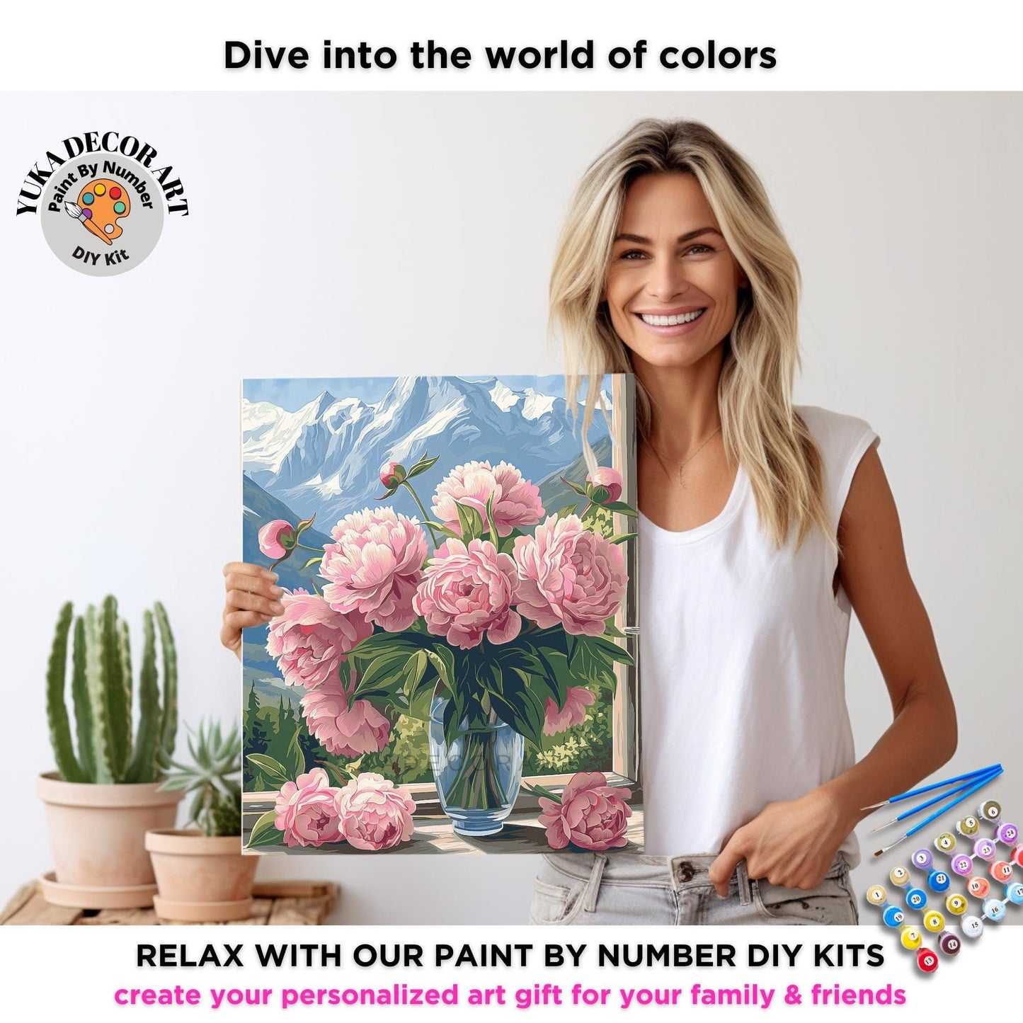 Vintage Peonies PAINT by NUMBER Kit Adult Pink Peony Vase Floral Wall Art Easy Beginner Acrylic DIY Painting Kit Anniversary Gift for Wife