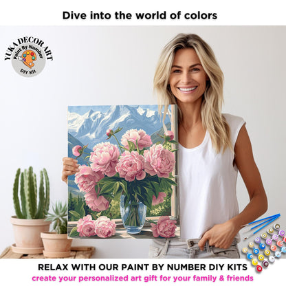 Vintage Peonies PAINT by NUMBER Kit Adult Pink Peony Vase Floral Wall Art Easy Beginner Acrylic DIY Painting Kit Anniversary Gift for Wife