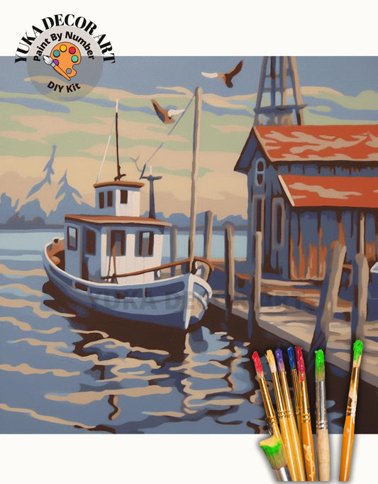 Vintage Style PAINT by NUMBER Kit Adult, Lakeside Boat Landscape Art , Easy Beginner Acrylic Painting DIY Kit, Home Decor Gift For Mom Dad