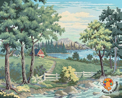 Countryside Lake Vintage Style PAINT by NUMBER Kit Adult, Mountain Forest Scenery , Beginner Acrylic Painting DIY Kit, Mom Christmas Gift