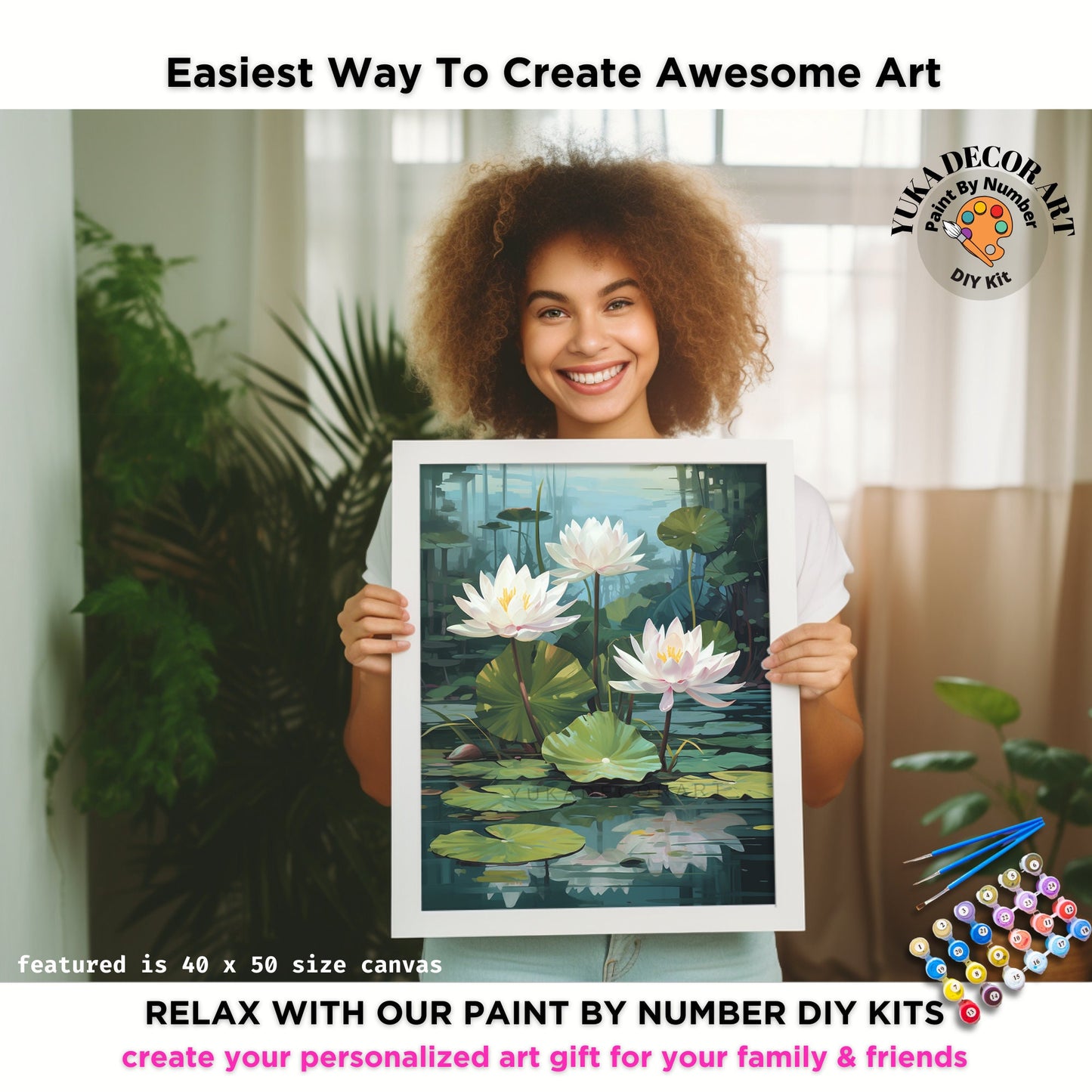 Nature PAINT by NUMBER Kit For Adults White Lilies Lake Flowers DIY Painting Easy Beginners Paint Kit Garden Lover Housewarming Decor Gift