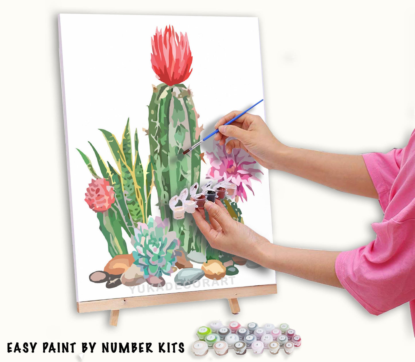 Paint by Numbers  Kit for Beginner , Kids & Adult Hobby, Green Cactus with Flower,Desert Landscape , Easy Acrylic DIY Painting Decor Gift