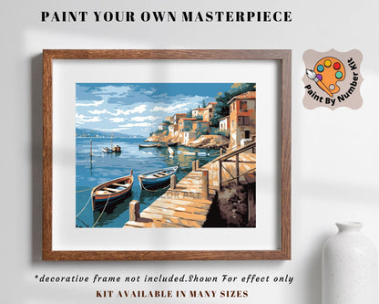 Seascape PAINT by NUMBER Kit for Adult , Rocky Cliff Village on Seashore ,Boat Scene, Easy Beginner Acrylic Painting Kit,Home Decor Gift