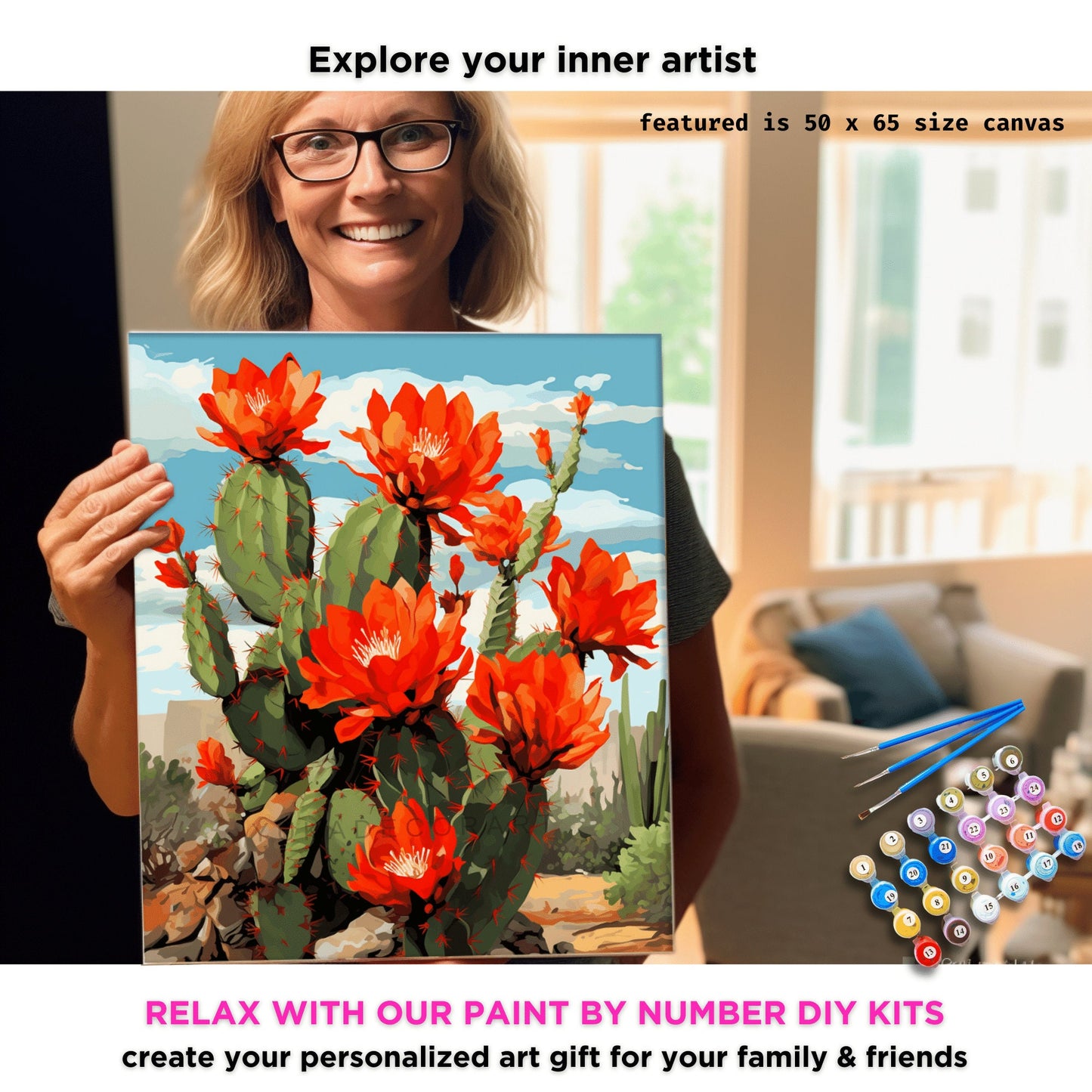 Cactus Flowers PAINT by NUMBERS Kit Adult Desert Landscape Painting DIY Color by Numbers Easy Beginners Kit Gift For Mom Outdoor Scenic Art