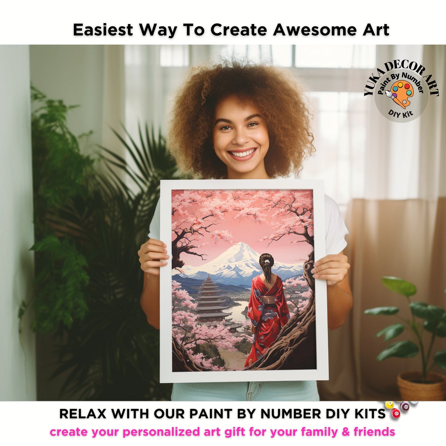 Japan PAINT by NUMBER Kit for Adults  Beginner DIY Art Kit Pink Cherry Blossoms Mount Fuji Acrylic Painting Wall Art Decor Gift For Mom Aunt