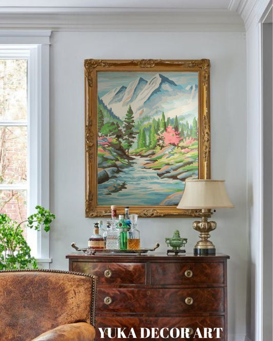 Snow Mountain PAINT by NUMBER Kit Adult, Waterfall River Vintage Style Art , Easy Beginner Acrylic Painting DIY Kit,Home Decor Gift