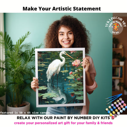 Bird PAINT by NUMBER Kit For Adults White Herons In Lake Lilies Flowers DIY Painting Easy Beginners Paint Kit Garden Lover Anniversary Gift
