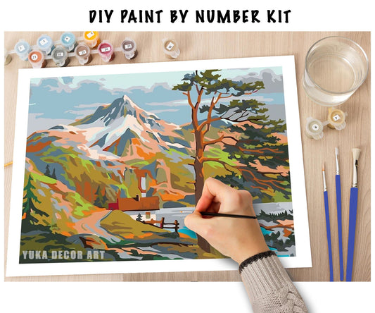Mountain PAINT by NUMBER Kit for Adult & Kids, DIY Nature Vintage Style Art , Easy Beginner Acrylic Painting Kit,Home Decor Gift