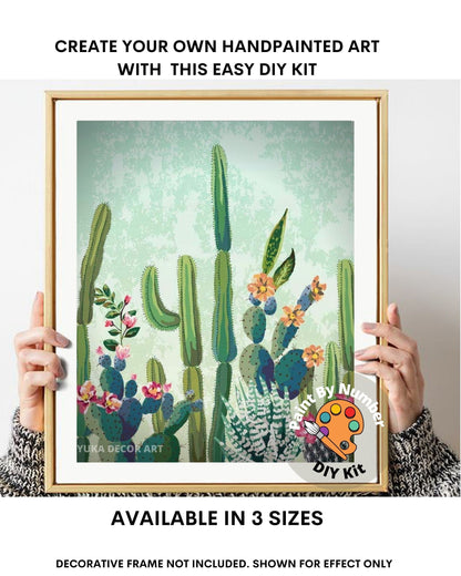 Paint by Numbers  Kit for Beginner , Kids & Adult Hobby, Green Cactus with Flower,Desert Landscape , Easy Acrylic DIY Painting Decor Gift