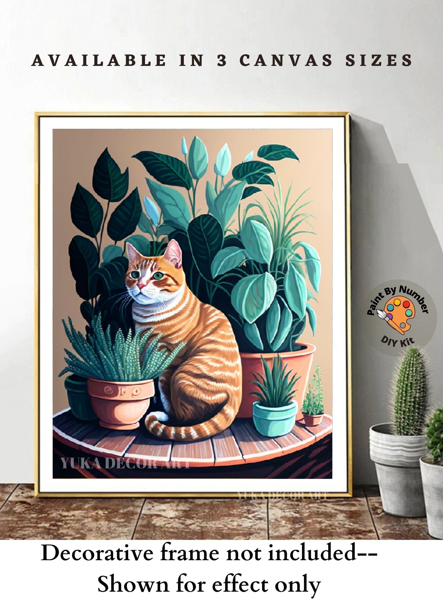 PAINT by NUMBER Adult Kit ,Golden Cat With House Plants ,Cat Illustration Poster, DIY Beginners Paint Kit ,Wall Decor ,Mom Grandmom Gift