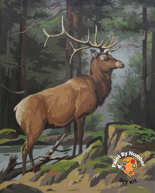 Mountain Antler PAINT by NUMBER Kit Adult,Vintage Style  Forest Landscape  , Easy Beginner Acrylic Painting DIY Kit,Vintage Decor Gift