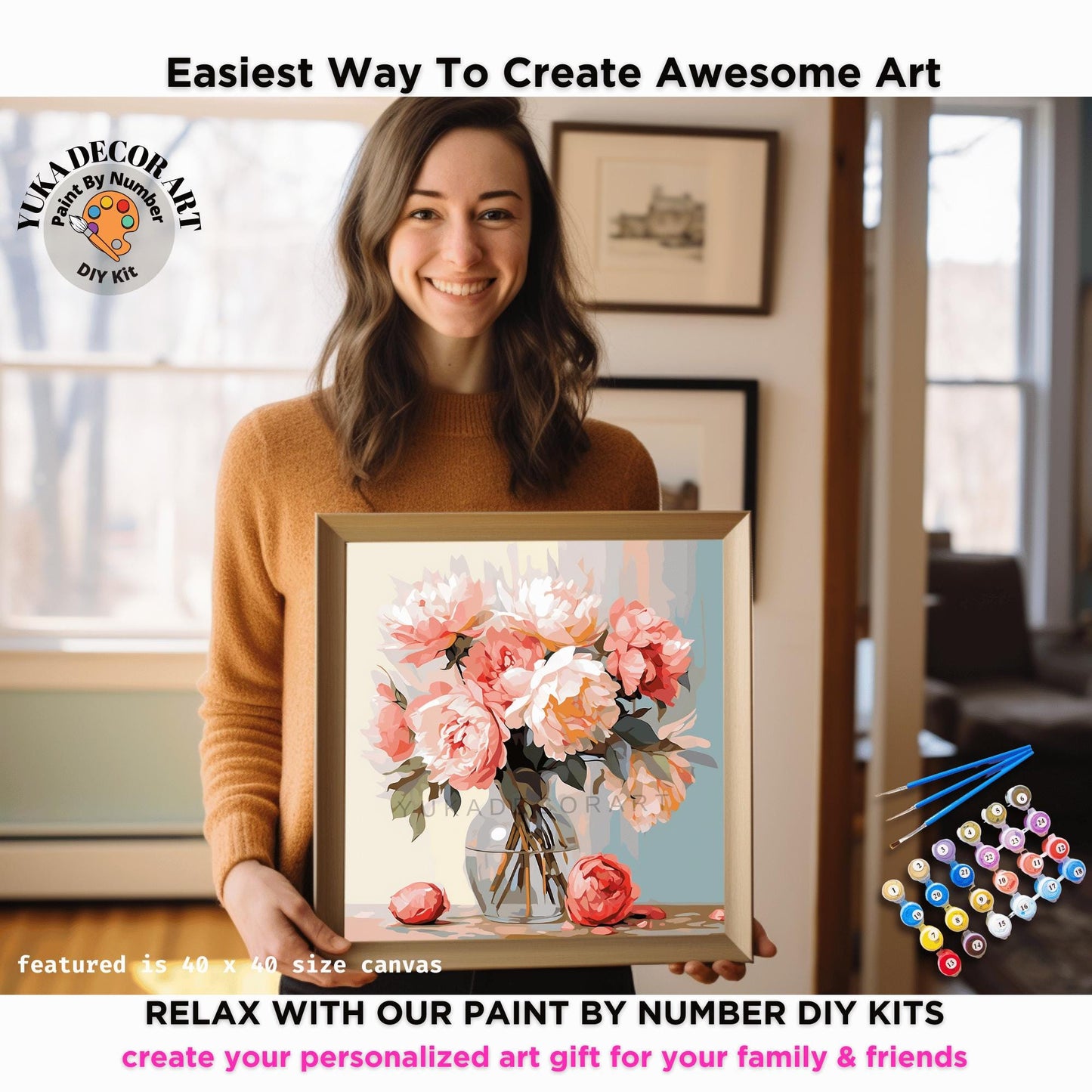 Pink Flowers In Vase PAINT by NUMBER Kit Adults Still Life Vintage Style DIY Painting Easy Beginners Wall Art Housewarming Gift Mom Sister