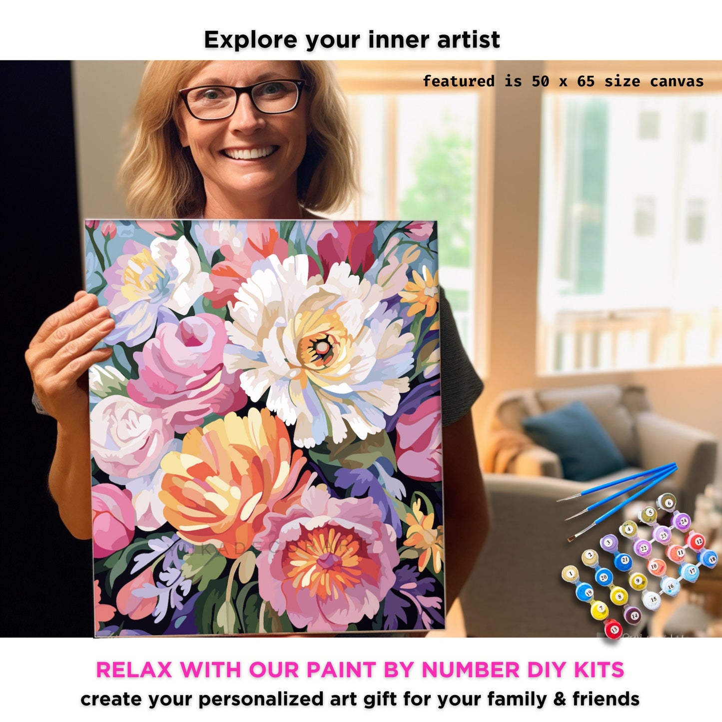 PAINT by NUMBERS Diy Kit Adult Garden Flowers Colourful Wall Art Easy Beginner Acrylic Painting Kit Grandma Mom Aunt Gift