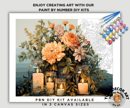 Rustic Flowers PAINT by NUMBER Kit Adult, Spring Bouquet With Candle Lit Mason Jar , Beginner Acrylic Painting DIY Kit Gift for Mom Grandma