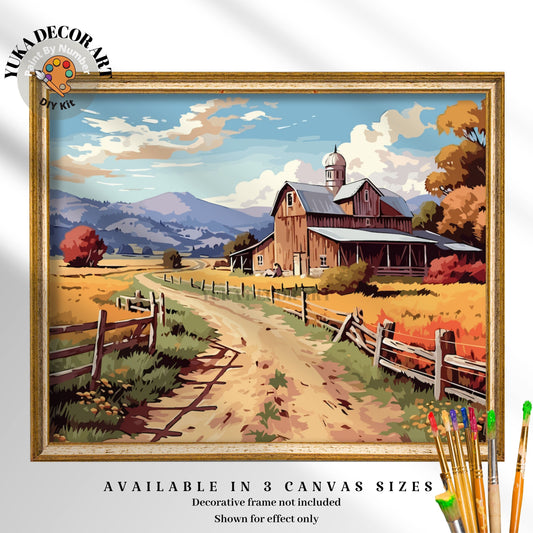 Countryside Barn PAINT by NUMBER DIY Kit for Adult , Vintage Landscape  , Easy Beginner Acrylic Painting Kit , Midcentury Kitsch Decor Gift