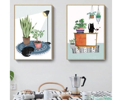 PAINT by NUMBER Kit Adult ,Black Cat With Floor Lamp and Plants , Easy DIY Beginners Acrylic Painting Kit , Wall Art  Gift