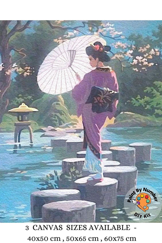 Geisha Woman Vintage PAINT by NUMBER Kit Adult , Girl With Umbrella, Japanese Garden Landscape , Easy DIY Beginners  Painting Kit , Mom Gift