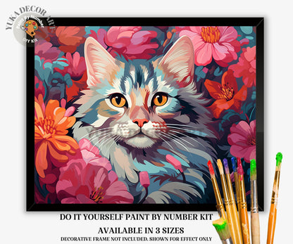 Cat PAINT by NUMBER Kit Adult DIY Art Pink Vibrant Floral Easy Beginner Acrylic Painting Birthday Housewarming Custom Gift For Kids Teens
