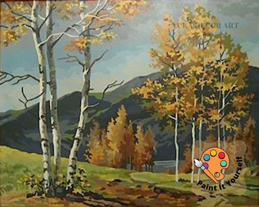 Autumn Trees PAINT by NUMBER Kit for Adult , DIY Nature Vintage Style Art , Easy Beginner Acrylic Painting Kit,Vintage Decor Gift