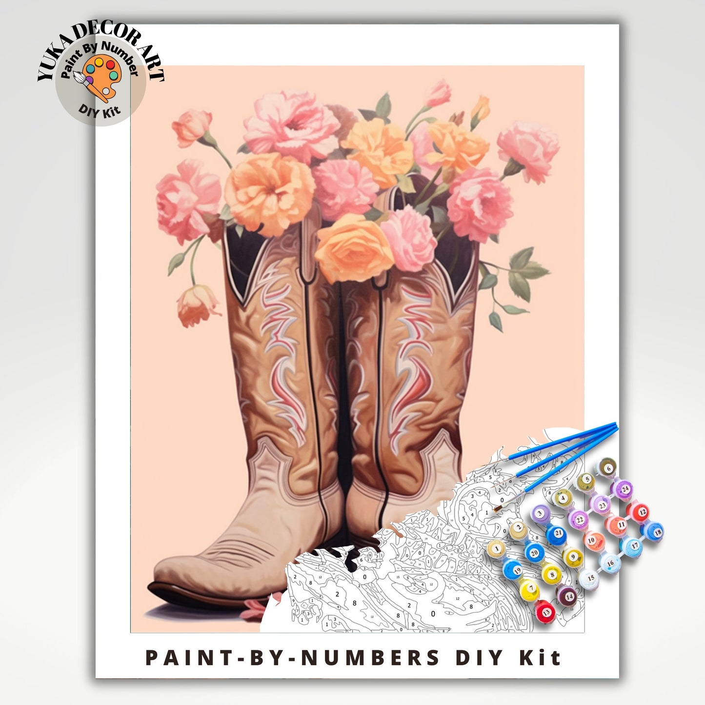 Cowboy Boots and Flowers PAINT by NUMBER Kit Maximalist Art Adult Painting DIY Numbers Set Easy Beginners Birthday Gift For GirlFriend Mom