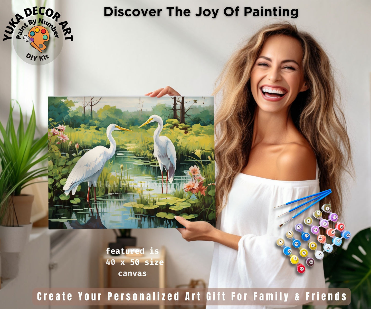 Twin Heron Birds PAINT by NUMBER Kit Adult Painting DIY by Numbers Easy Beginners Birthday Gift For Her Mom Grandmother Wall Art Home Decor