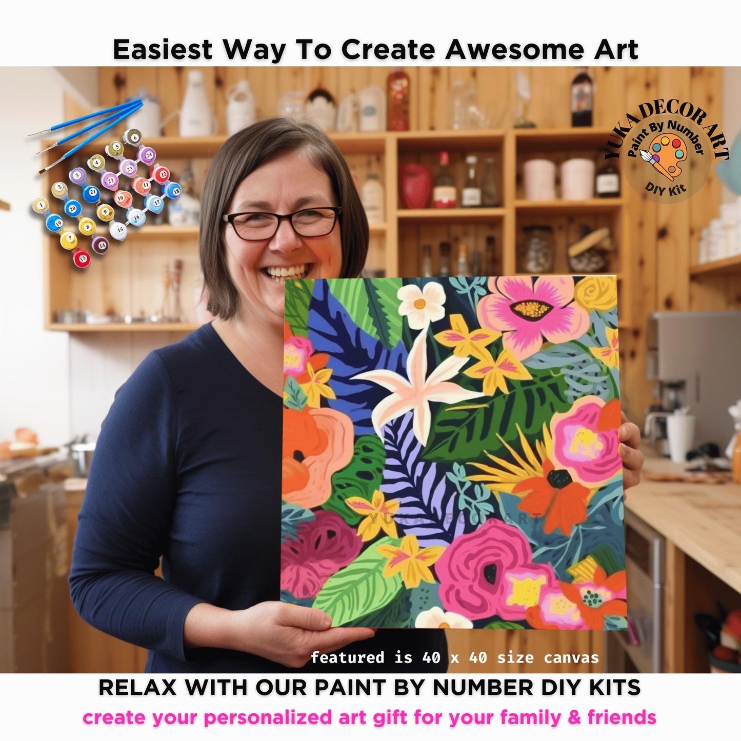 Flowers PAINT by NUMBER Kit for Adults, Contemporary Art Painting Kit, Easy Beginners Acrylic Paint DIY Kit,Mom Birthday Gift, Floral Art