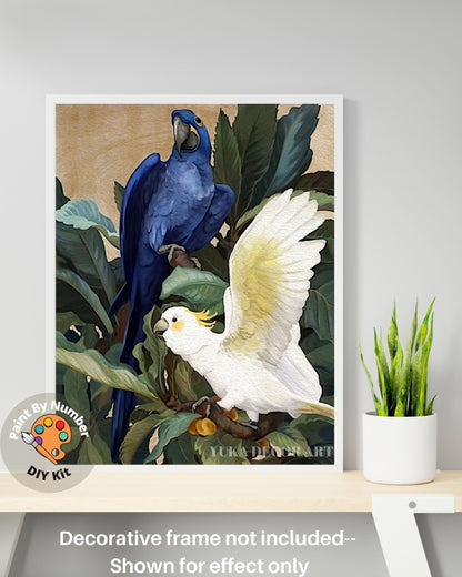 Vintage Style  PAINT by NUMBER Premium DIY Paint Kit Adult ,White Cockatoo Birds In Tropical Garden  , Easy Beginner Painting Gift