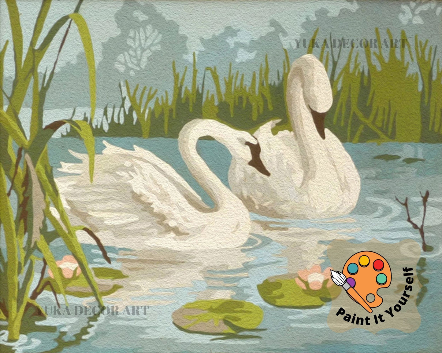 White Swans In Lake Garden PAINT by NUMBER Premium DIY Paint Kit Adult , Vintage Style Easy Beginner Acrylic Painting,Christmas  Gift