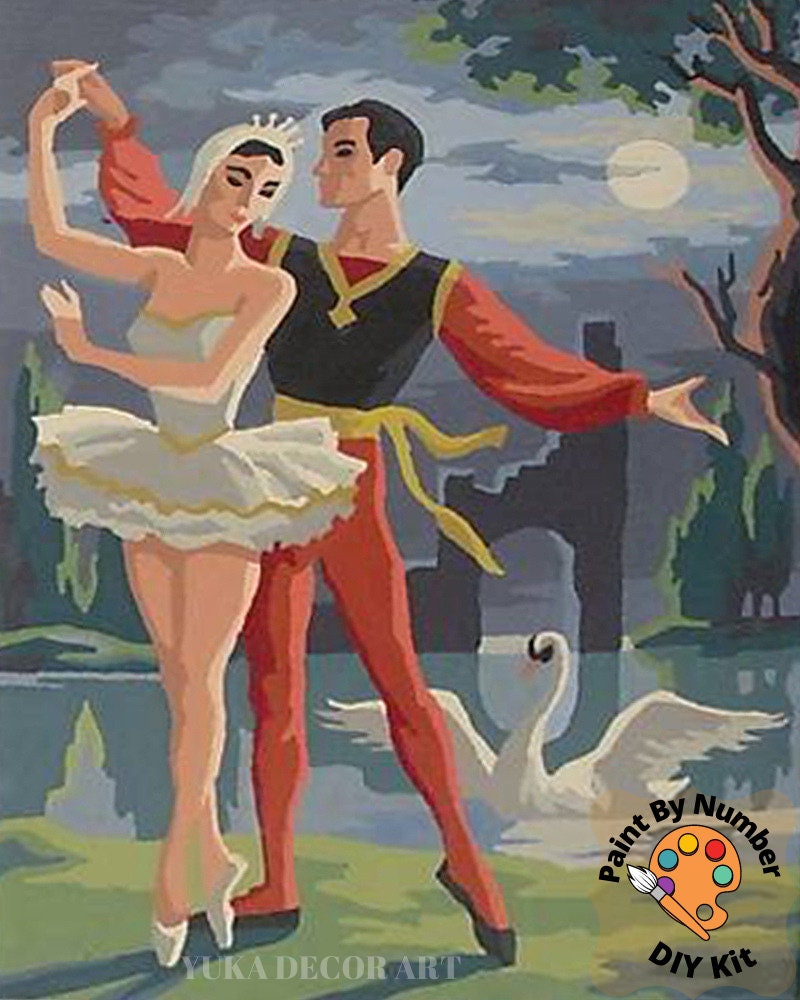 Vintage Paint By Number Set of 2,Ballet Dancer Couple,Moonlit lake , Vintage Wall Art