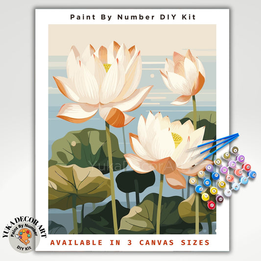 Water Lilies PAINT by NUMBER Kit Adult Flowers Lake DIY Painting Modern Floral Easy Beginners Hobby Kit Wall Decor Gift Mom