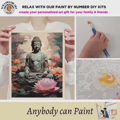 Easy PAINT by NUMBERS Kit For Adults Buddha Statue Pink Lotus Flower DIY Acrylic Paint Kit Zen Meditation Studio Wall Art Home Decor Gift