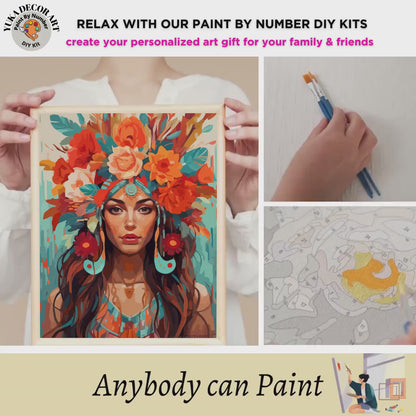 Woman Boho Flower PAINT by NUMBERS DIY Kit For Adults Easy Beginner's Painting Kit Home Decor Wall Art Gift Housewarming | Code: WO2307106