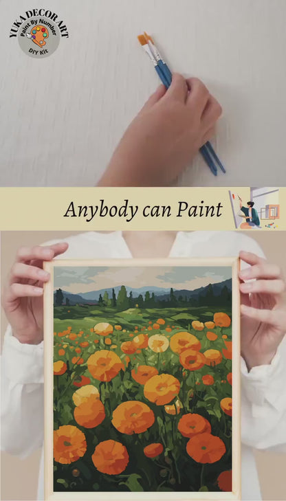 PAINT by NUMBER Kit  Adult Landscape Valley Orange Yellow Poppy Flowers Colourful Art Easy Beginner Acrylic Painting DIY Kit Mom Dad Gift