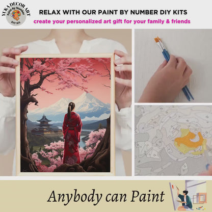 Mt.Fuji PAINT by NUMBER Kit Adults  Beginner DIY Art Kit Pink Cherry Blossoms Japan Woman Acrylic Painting Wall Art Decor Gift For Mom Aunt