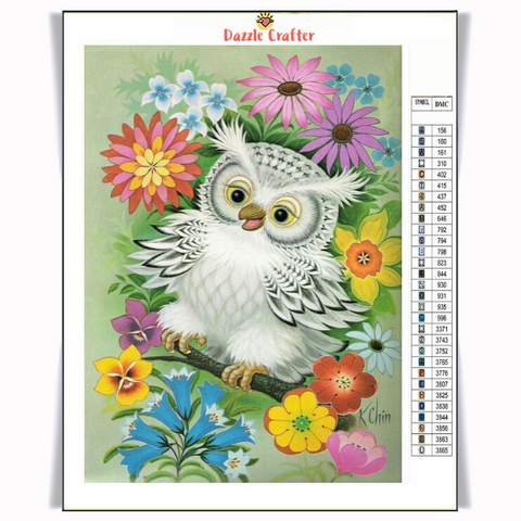 Image of BABY OWL WITH FLOWERS Diamond Painting Kit - DAZZLE CRAFTER