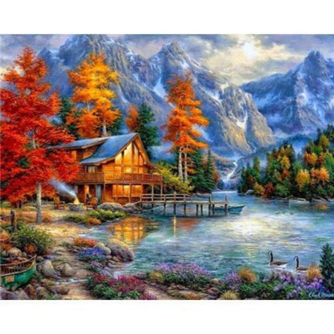 Image of CABIN BY THE LAKE Diamond Painting Kit