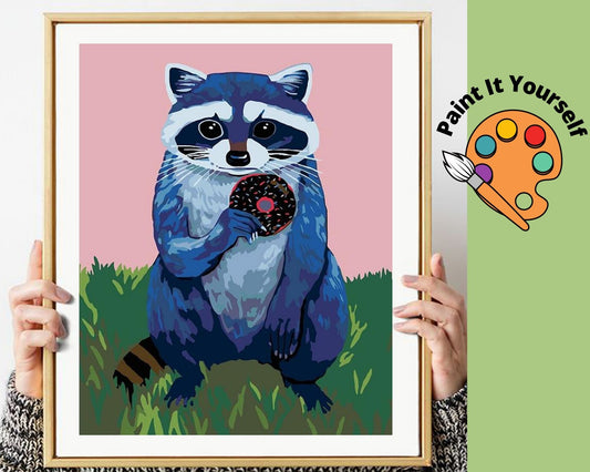 RACCOON EATING DOUGHNUT - DIY Adult Paint By Number Kit