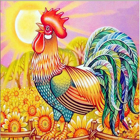 Image of ROOSTER WITH MULTICOLOR FEATHERS Diamond Painting Kit - DAZZLE CRAFTER