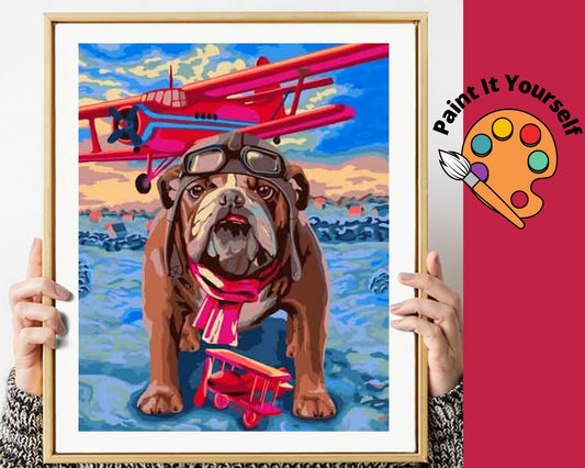 BULL DOG WITH RED AIRPLANE - DIY Adult Paint By Number Kit