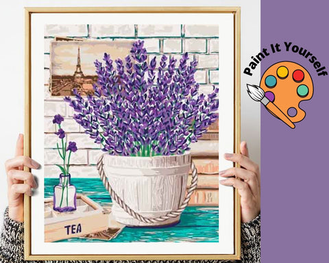 Image of LAVENDER FLOWERS IN GARDEN BUCKET - DIY Adult Paint By Number Kit