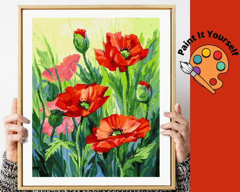 Image of RED POPPIES IN THE COUNTRYSIDE - DIY Adult Paint By Number Kit